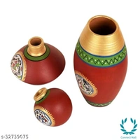 Handcrafted Rustic Warli Vases In Red Colour Pack Of 3 Sizes - 3